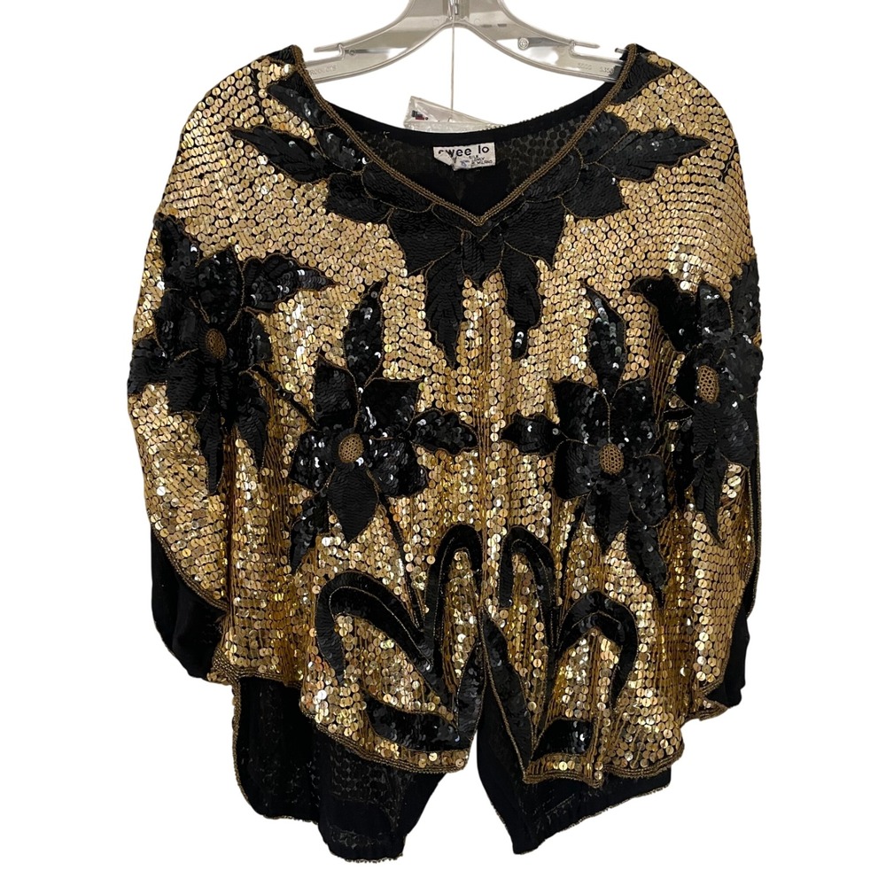 VTG Swee Lo Sequin Flowers Batwing Top Silk Boho Festival Disco Black‎ Gold